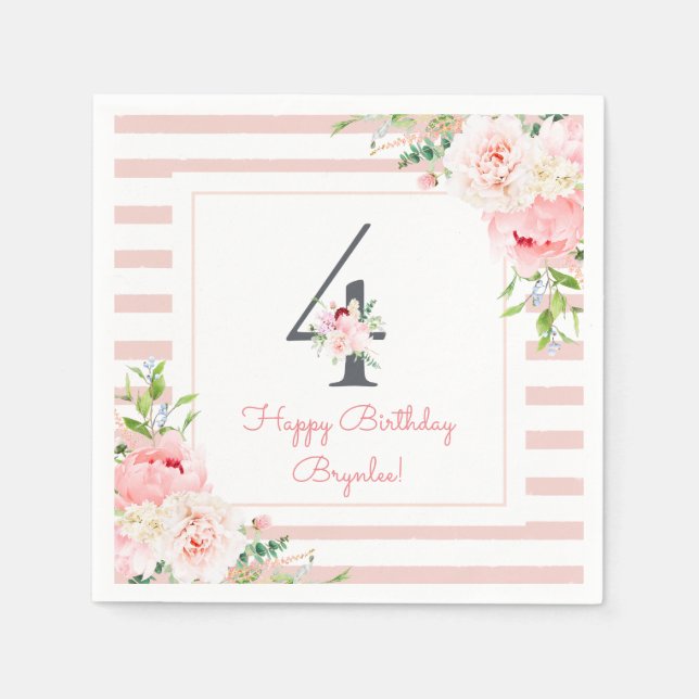 Blush Floral Pink Stripe 4th Birthday Party Napkins (Front)