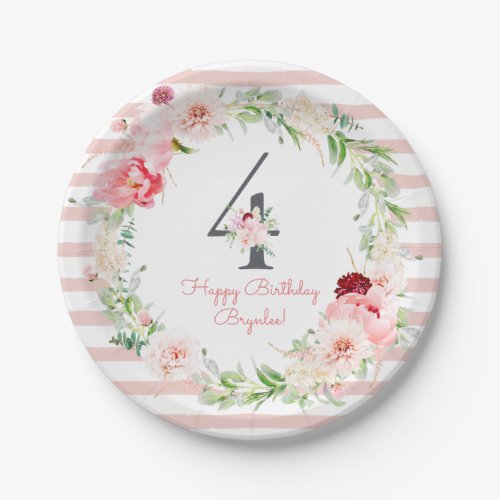 Blush Floral Pink Stripe 4th Birthday Party Paper Plates