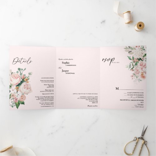 Blush Floral Pink Tri_Fold Wedding Invitation