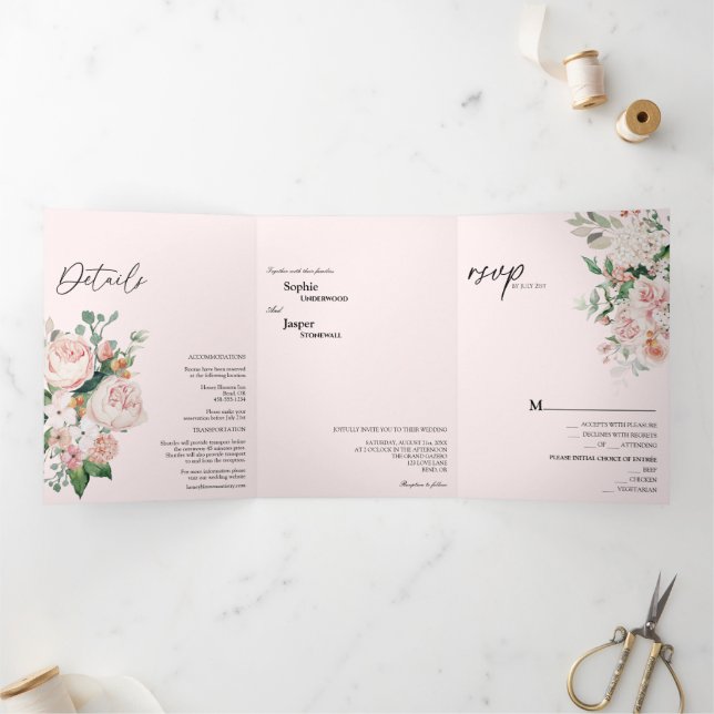 Blush Floral Pink Tri-Fold Wedding Invitation (Inside)