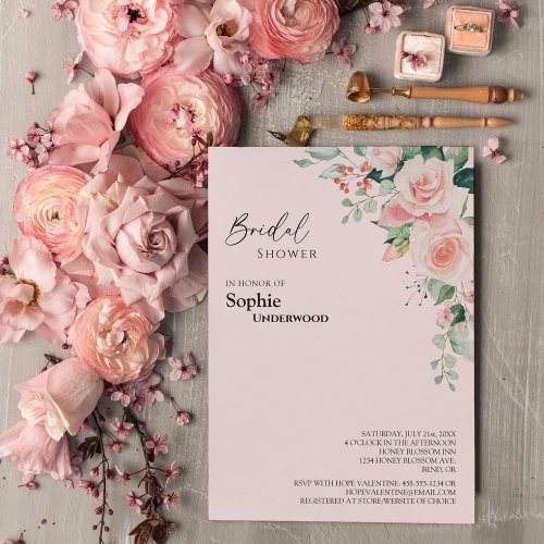 Blush Floral Pink Wedding Bridal Shower Invitation