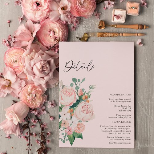 Blush Floral Pink Wedding Details Enclosure Card