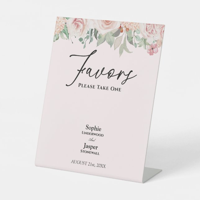 Blush Floral Pink Wedding Favors Pedestal Sign (Front)