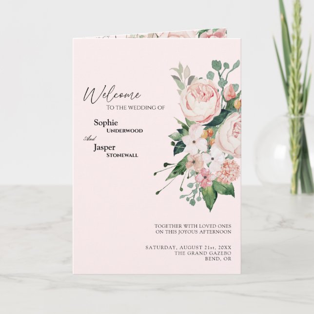 Blush Floral Pink Wedding Folded Program (Front)