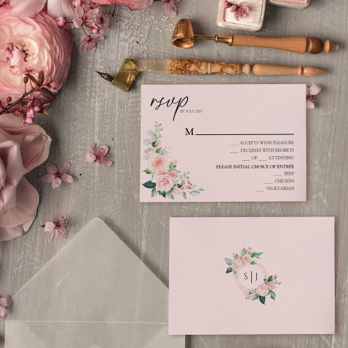 Blush Floral Pink Wedding Menu RSVP Card