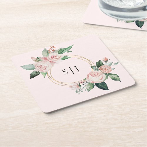 Blush Floral Pink Wedding Monogram Square Paper Coaster