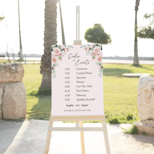 Blush Floral Pink Wedding Order Of Events Sign