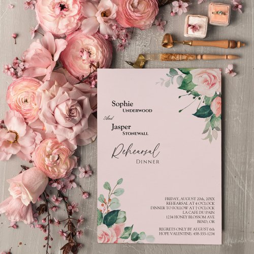 Blush Floral Pink Wedding Rehearsal Dinner Invitation