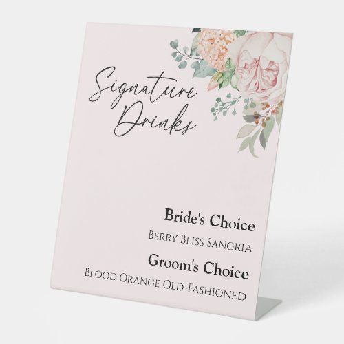 Blush Floral Pink Wedding Signature Drinks Sign