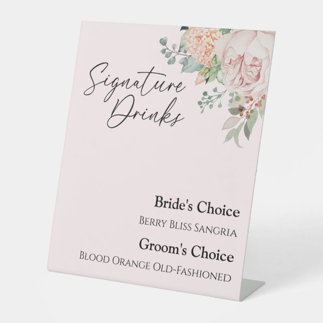 Blush Floral Pink Wedding Signature Drinks Sign (Front)
