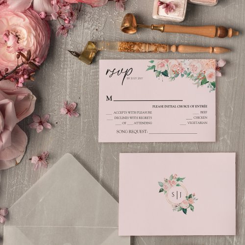 Blush Floral Pink Wedding Song Request RSVP Card