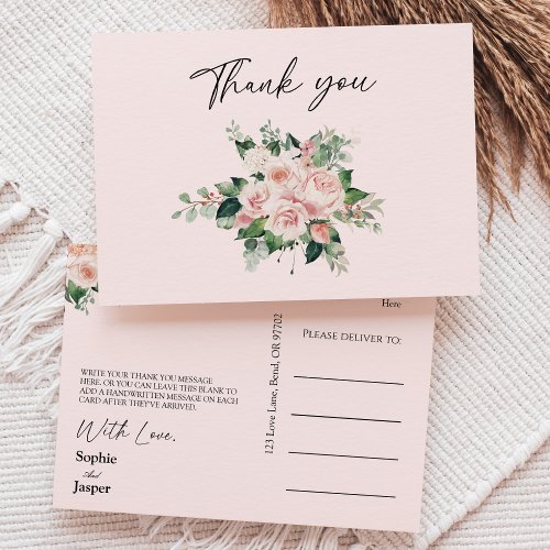 Blush Floral Pink Wedding Thank You Postcard