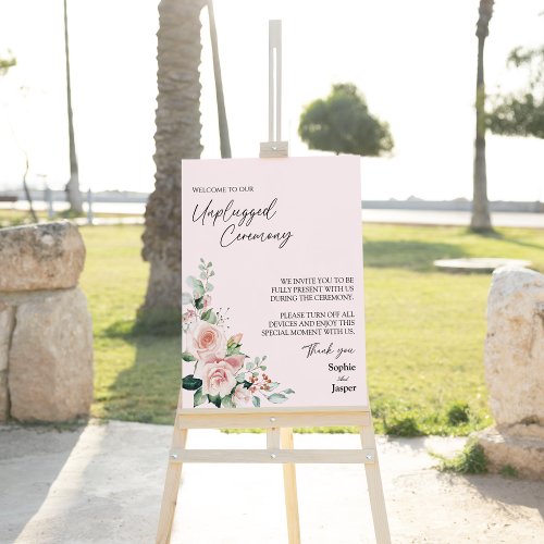 Blush Floral Pink Wedding Unplugged Ceremony Sign