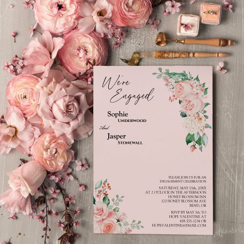 Blush Floral Pink Were Engaged Invitation