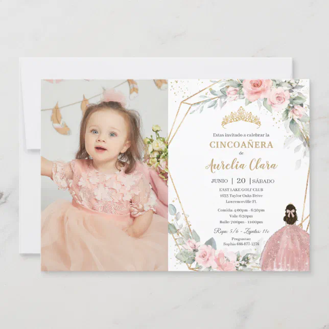 Blush Floral Princess Cincoañera 5 Birthday Photo Invitation | Zazzle