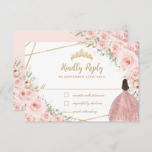 Blush Floral Princess Quinceaera Gold Crown Dress RSVP Card