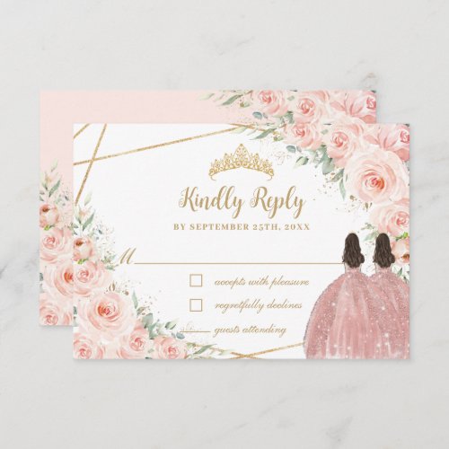 Blush Floral Princess Quinceaera Twins Birthday RSVP Card