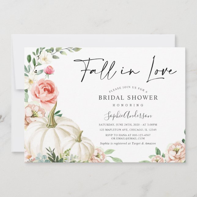Blush Floral Pumpkin Fall in Love Bridal Shower Invitation (Front)