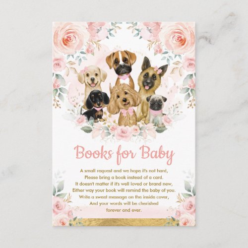 Blush Floral Puppy Dog Books for Baby Girl Shower Enclosure Card