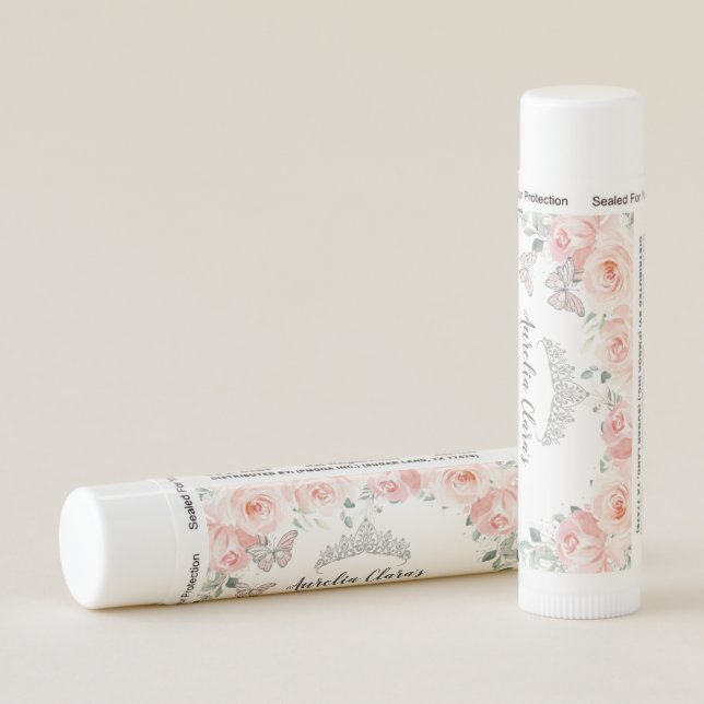 Blush Floral Quinceañera Butterflies Silver Favor Lip Balm (Rotated Right)