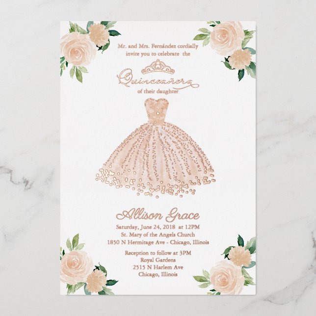 Blush Floral Quinceanera Foil Invitation (Front)