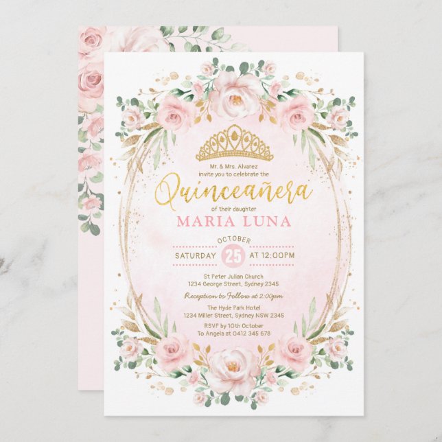 Blush Floral Quinceañera Mis Quince 15th Birthday Invitation (Front/Back)