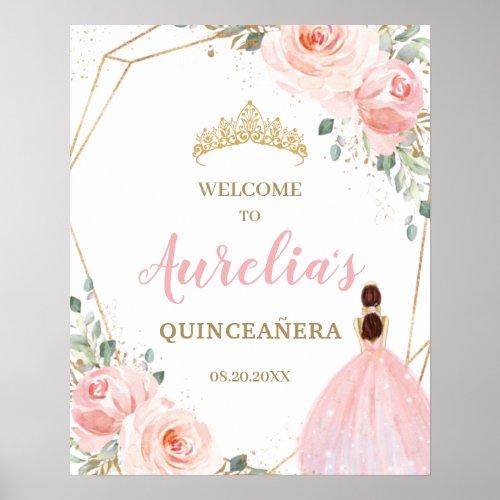 Blush Floral Quinceaera Mis Quince Welcome Poster