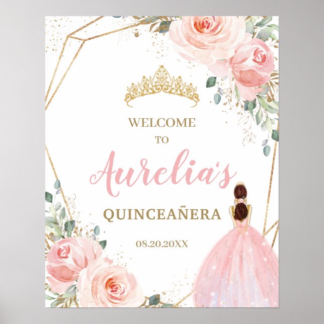 Blush Floral Quinceañera Mis Quince Welcome Poster (Front)