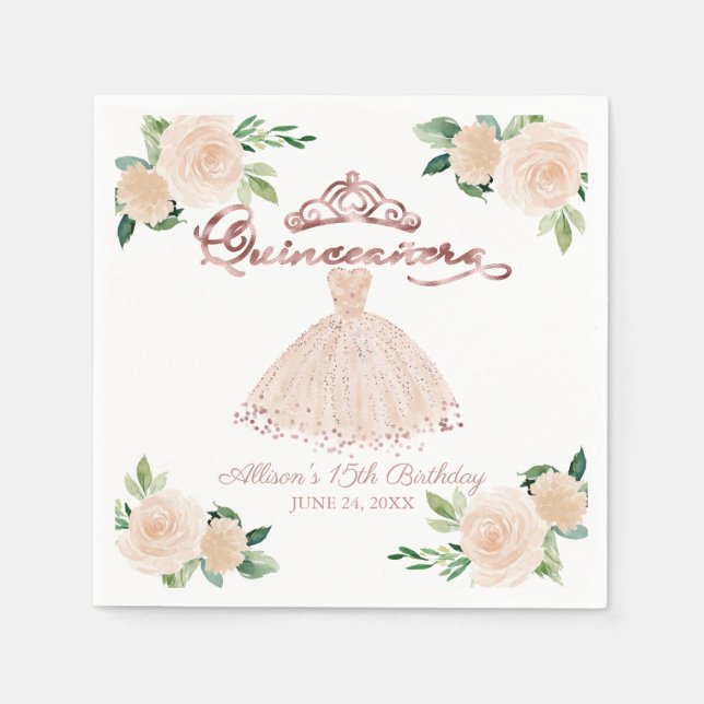 Blush Floral Quinceanera Napkins (Front)