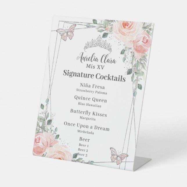 Blush Floral Quinceañera Sweet 16 Cocktails Menu Pedestal Sign (Front)