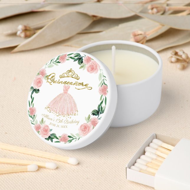Blush Floral Quinceañera Tiara Mini Candle Favors (Insitu)