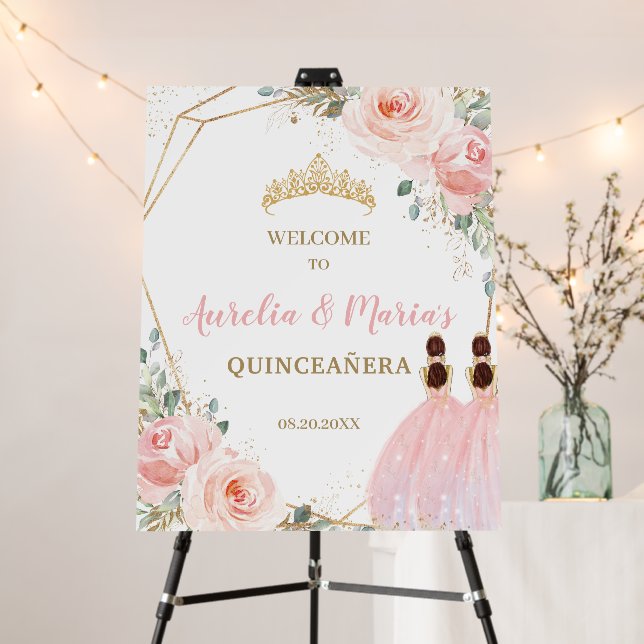 Blush Floral Quinceañera Twins Joint Birthday  Foam Board (In Situ (Stand))