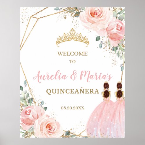 Blush Floral Quinceaera Twins Joint Birthday Poster