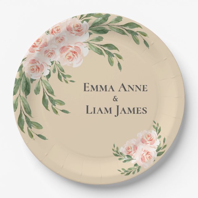 Blush Floral Romantic Elegant Script Greenery Paper Plates (Front)