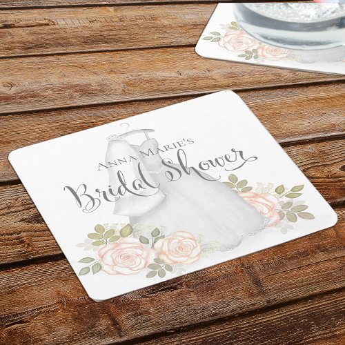 Blush Floral Rose Bridal Shower Watercolor Square Paper Coaster