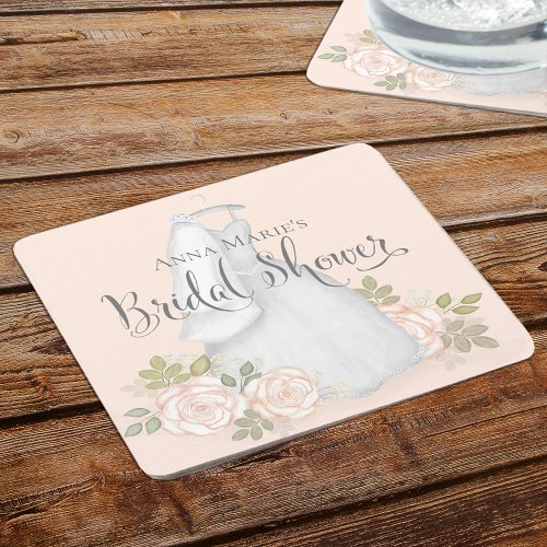 Blush Floral Rose Bridal Shower Watercolor Square Square Paper Coaster