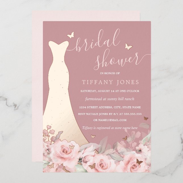 Blush Floral Rose Dress Bridal Shower  Foil Invitation (Front/Back)