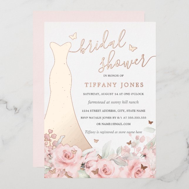Blush Floral Rose Dress Rose Gold Bridal Shower  Foil Invitation (Front/Back)