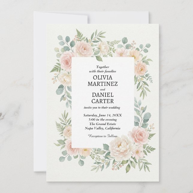Blush Floral Rose & Eucalyptus Wedding Invitation (Front)