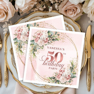 Blush Floral Rose Gold 50th Birthday Beverage   Napkins