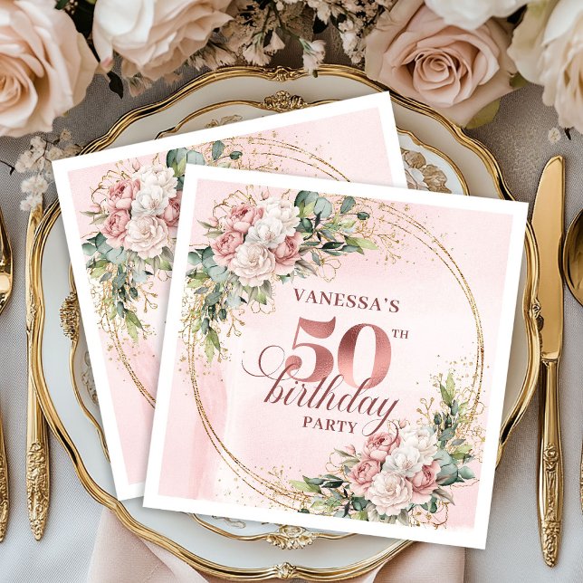 Blush Floral Rose Gold 50th Birthday Beverage   Napkins (Blush Floral Rose Gold 50th Birthday Beverage Napkins)