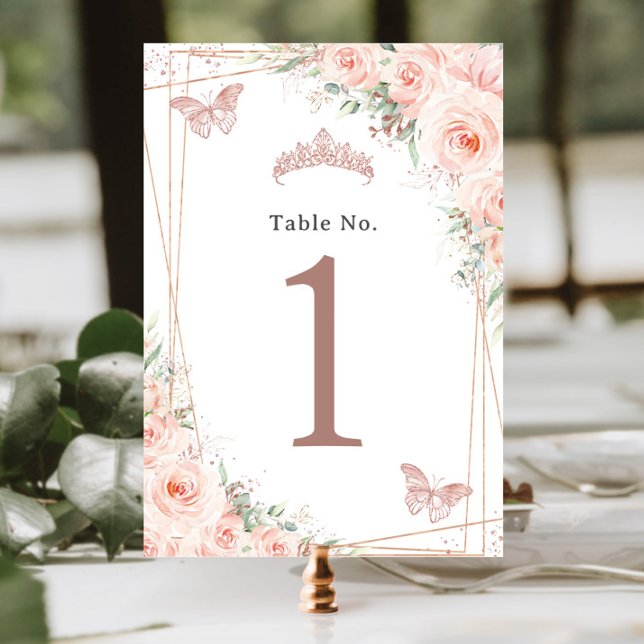 Blush Floral Rose Gold Birthday Quinceanera  Table Number (Creator Uploaded)