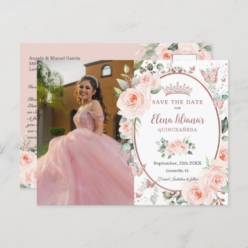 Blush Floral Rose Gold Butterflies Quinceaera Announcement Postcard