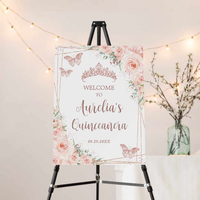 Blush Floral Rose Gold Butterflies Quinceañera Foam Board (In Situ (Stand))