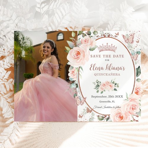 Blush Floral Rose Gold Butterflies Quinceaera Save The Date