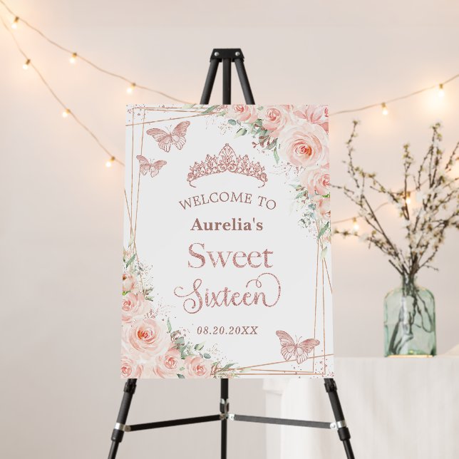 Blush Floral Rose Gold Butterflies Sweet Sixteen Foam Board (In Situ (Stand))