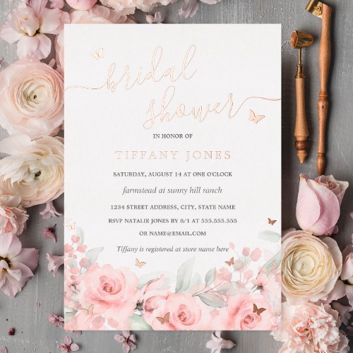 Blush Floral Rose Gold Butterfly Bridal Shower  Foil Invitation