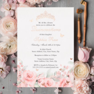 Blush Floral Rose Gold Butterfly Quinceanera Foil Invitation