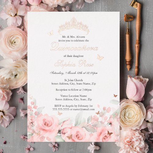 Blush Floral Rose Gold Butterfly Quinceanera Foil Invitation