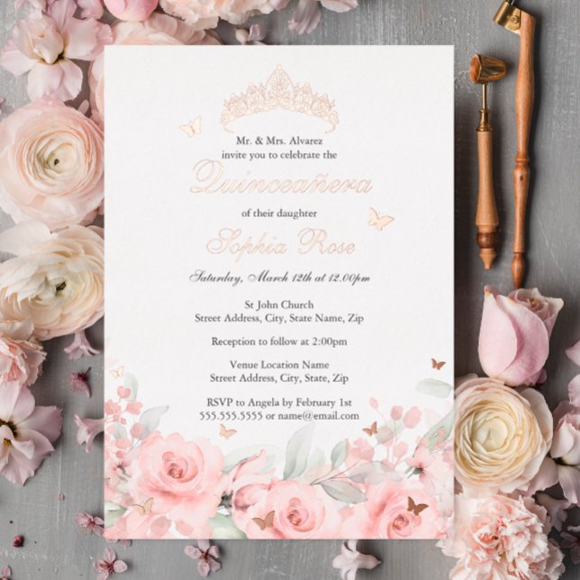 Blush Floral Rose Gold Butterfly Quinceanera Foil Invitation (Creator Uploaded)